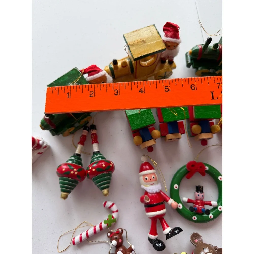 Vintage Lot of‎ 25 Hand Painted Wooden Christmas Ornaments Trains, Santa